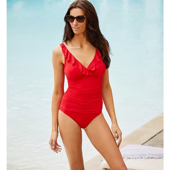 Ralph Lauren Coral Ruched V-Neck One Piece Swimsuit - Picture 1 of 7